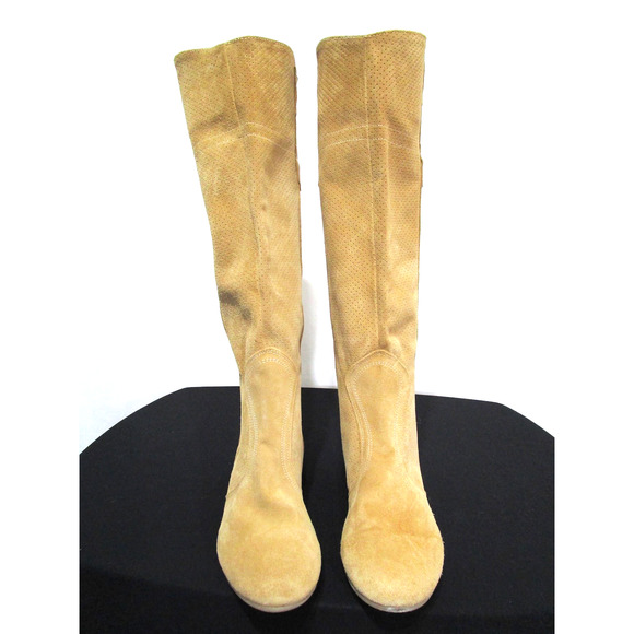 Sundance Tan Brown Perforated Suede Knee High Pull On Boots Women 8 US/39 EU - Picture 2 of 12